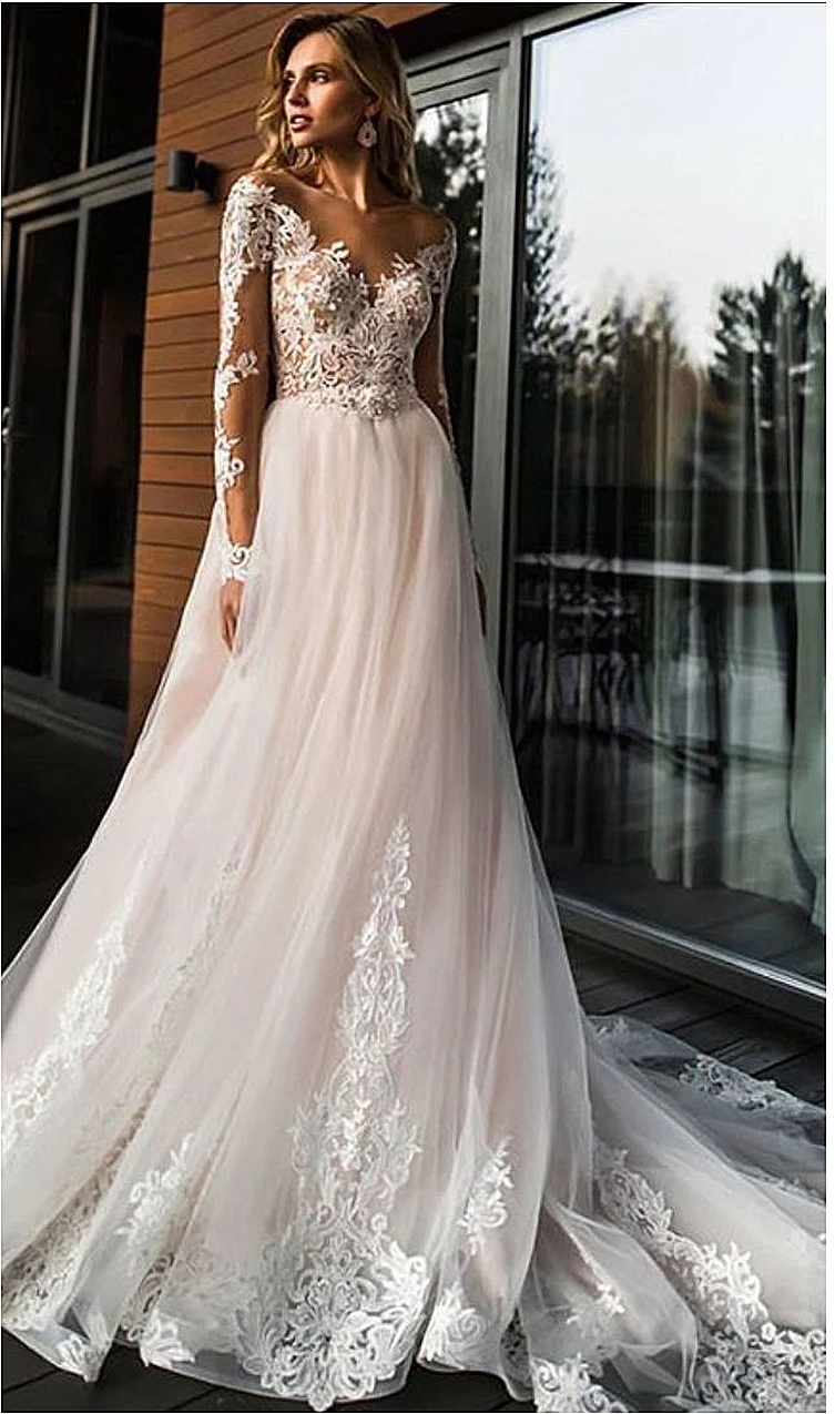 

Vintage Lace Wedding Dress Full Sleeve 2021 Simple Applique A Line V-Neck Sexy Romantic Floor Length Backless Bridal Gowns Beach
