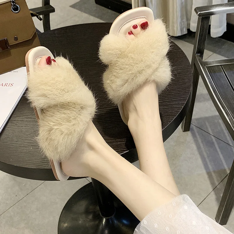 Милые пушистый кролик меховые шлепанцы летние пляжные сандалии пушистая