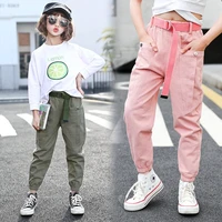 casual kids girls cargo pants pink black color street wear trousers children clothing loose pant with belt for teen girl 4 8 12y