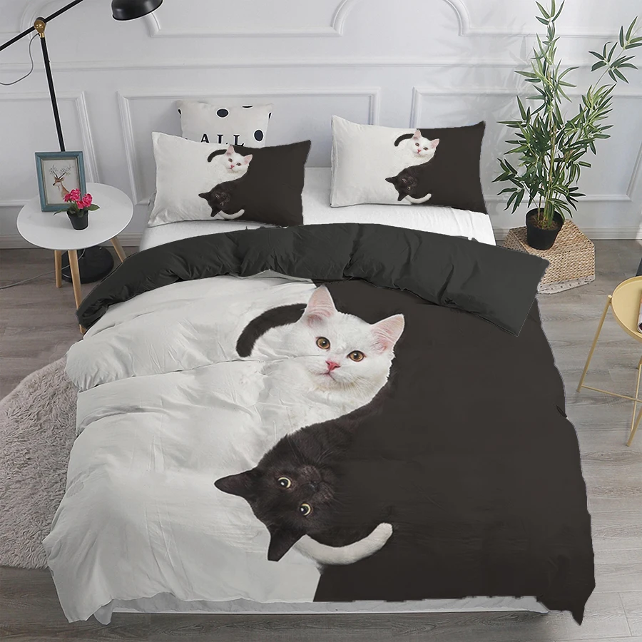 

oentyo Turkey Angora Cat Duvet Cover Black White Bedding Set Animal Quilt Cover 240x220 Single Double Twin Queen King Kids Adult
