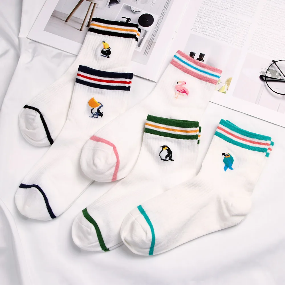 1 пара женские носки в полоску с мультяшным пингвином попугаем Белые Носки