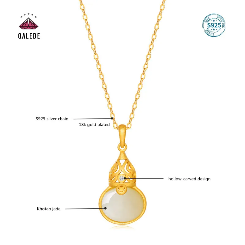 

QALEDE Women's Necklace S925 Silver Inlaid Hetian Jade Pendant Gold Gourd Fubao Fashion Clavicle Chain Accessories Holiday Gift