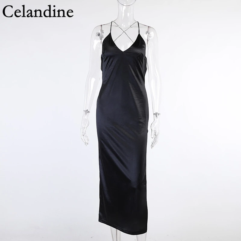 

Celandine Elegant Backeless Sexy Satin Split Dress Women Spring Summer Black Sexy Spaghetti Dresses Ladies Party Vestidos 2021