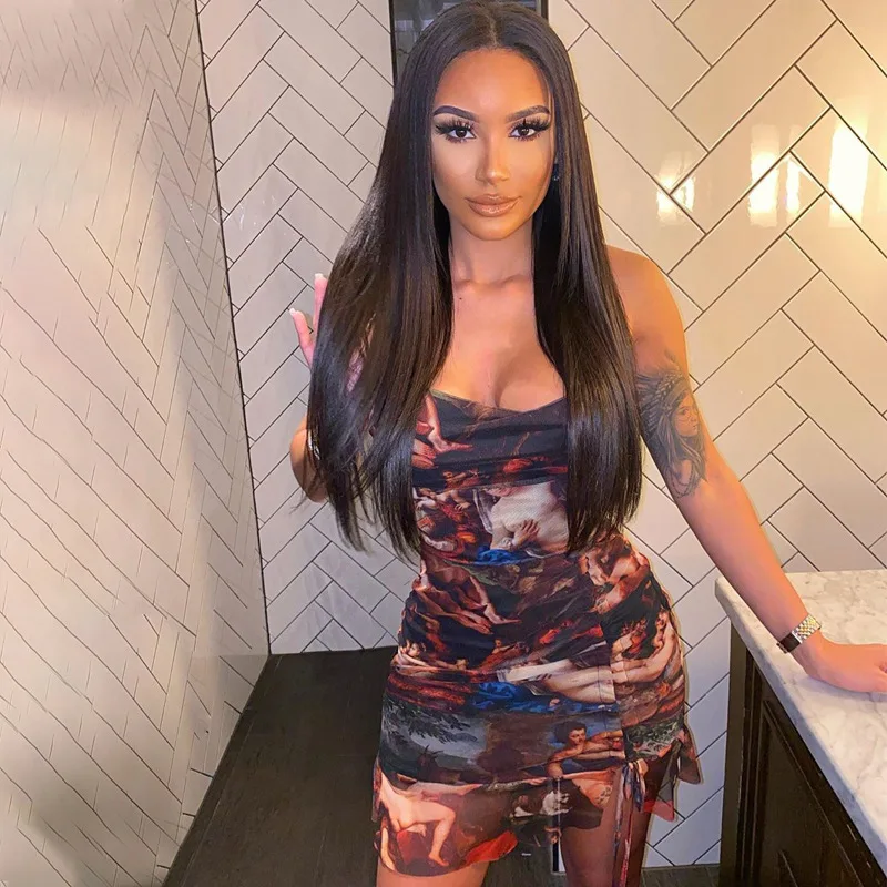 

2021 Print Sleeveless Ruffles Ruched Sexy Mini Dress Spring Summer Women Fashion Streetwear Outfits Clubwear