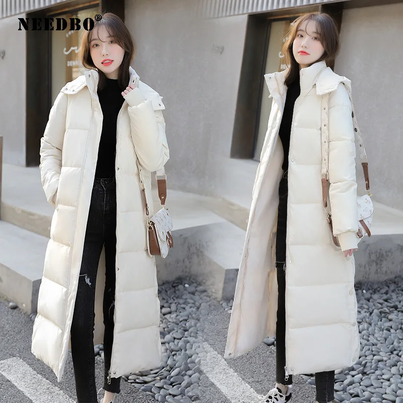 NEEDBO Ladies Long Warm Down Coat With Hoodie Down Jacket Winterr Coat Cultivate Morality Fashion Women's Overcoats 2021