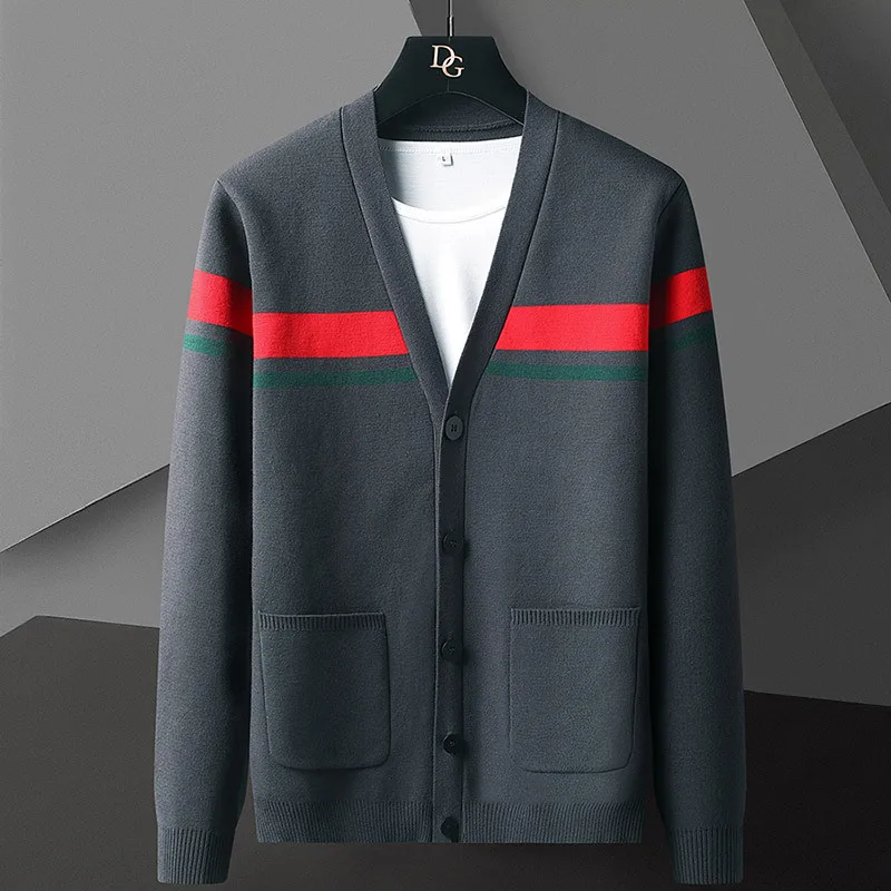 

2021 Autumn Knitting Jacket Men Fashion Casual Luxurious Banquet Stripes Jackets Coats Male Buttons Outerwear Tops HB017