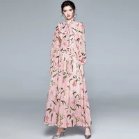 new women long dress summer 2021 elegant fashion long sleeve lily print empire waist large hem chiffon dress