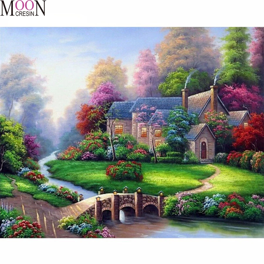 

Scenery Diy Diamond Painting Villa In The Park Diamond Mosaic Full Square Round Diamond Drill Embroidery Cross Stitch Rhinestone