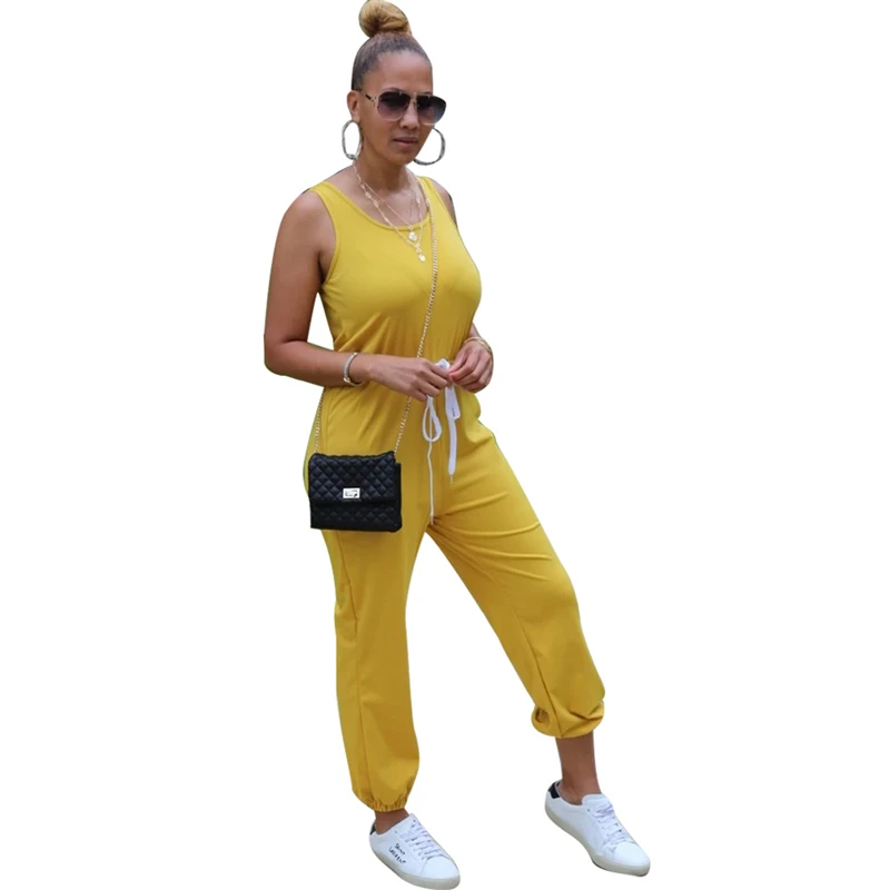 

Solid Jumpsuit Women Summer Clothing Sleeveless Drawstring Casual Rompers Jumpsuits Female One Piece Overalls Combinaison Femme