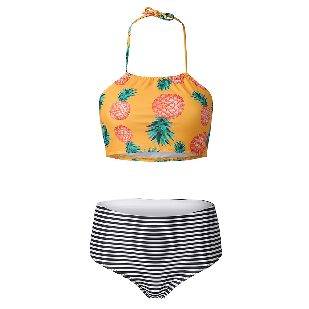 

2020 New Women Halter Pineapple Printed Bra Bathing Suit Multi-color Bikini Set Triangle High Waist Swimming Suit Biquini