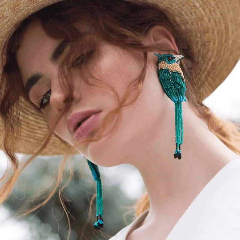 

Ручная работа, плетеные серьги в виде смузи птиц Bohmian, модные серьги с рисовой бусиной