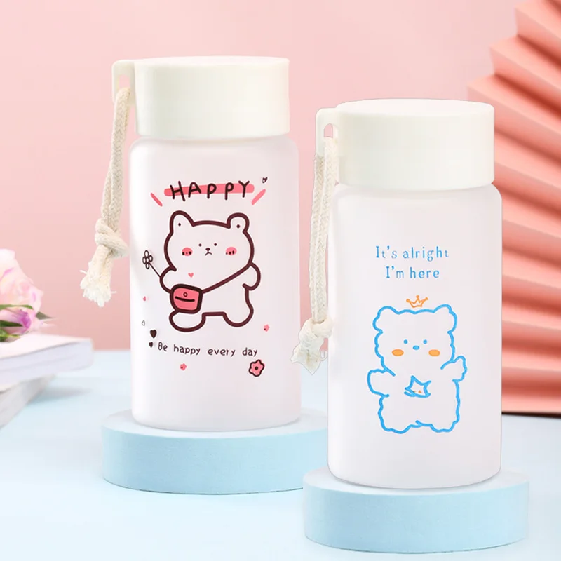 

500ml Cute Plastic Water Bottle with Rope Creative Cartoon Bear Leakproof Fall Resistant Milk Water Cup Student Girl Women Gift