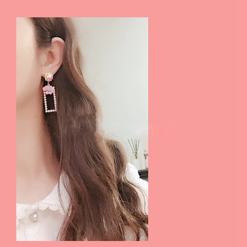 

MENGJIQIAO Korean Handmade Luxury Elegant Pearl Rectangle Flower Drop Earrings For Women Crystal Party Pendientes Jewelry Gift
