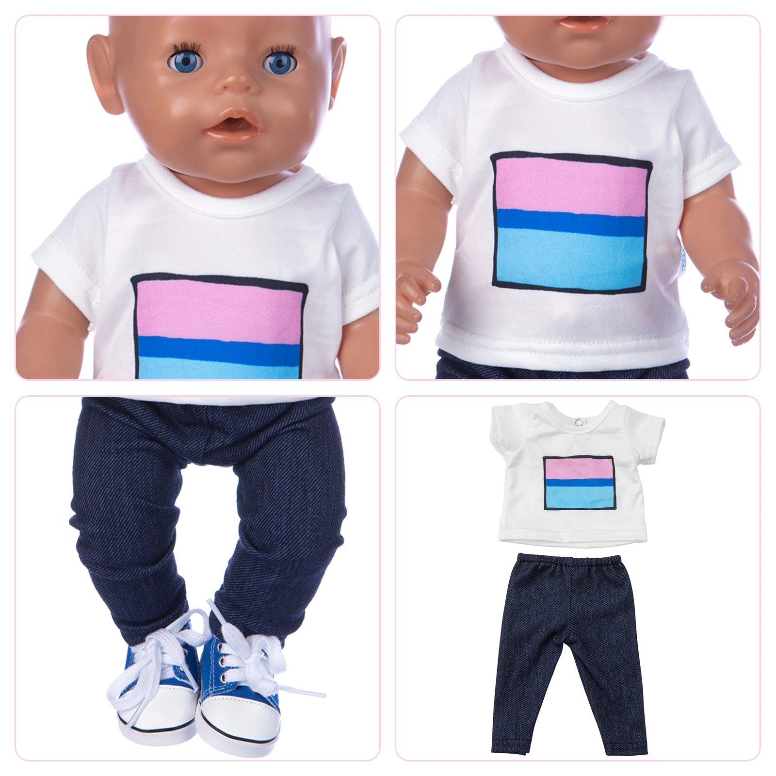 

2021 Baby New Born Fit 18 inch 43cm Doll Clothes Accessories Two-tone Square Line Clothes Suit For Baby Birthday Gift