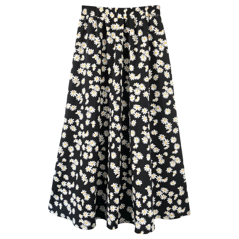

Vintage Floral Print Ruffle Pleated Long Skirts summer Women Korean Skirt Streetwear A112 Drawstring Elastic Waist Midi