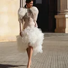 Изысканные блестящие короткие платья для выпускного вечера с высоким воротом, рукавами-пузырями, длиной до колена, Кристаллами, бисером, блестками, бахромой и оборками, Тюлевое платье