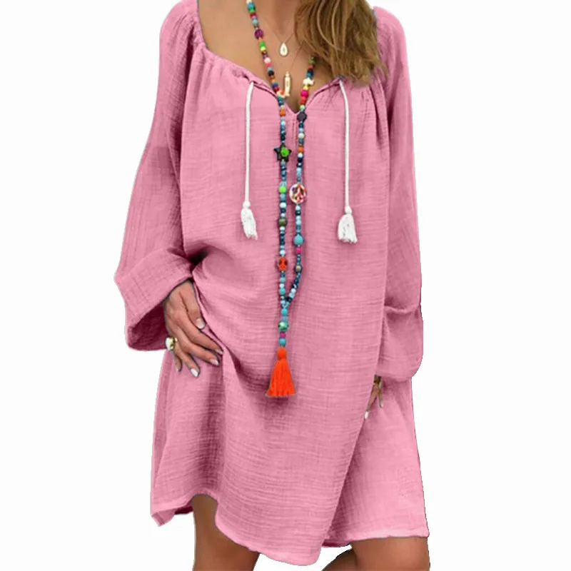 

European And American Autumn New Style Cotton And Linen Neckline Tie Fashion Loose Large Size Cross-border Women's Clothing With