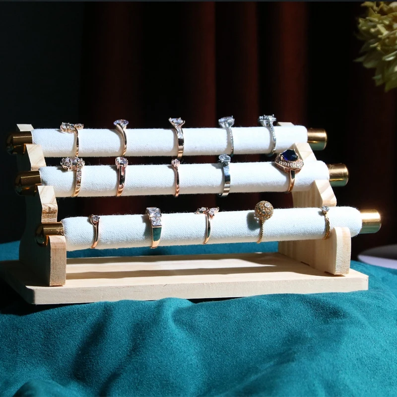 3-Tier Wooden Jewelry Display Stand Ring Holder, T-Bar Jewelry Showcase Display Stand and Organizer