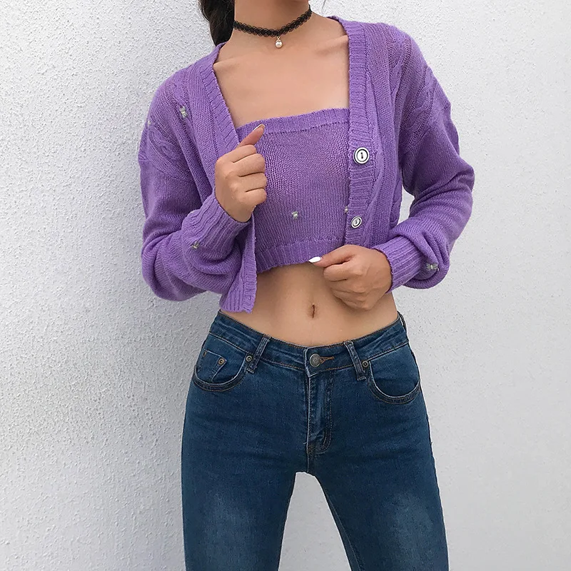 2019 autumn new knit Sweater women fashion simple solid color comfortable short |