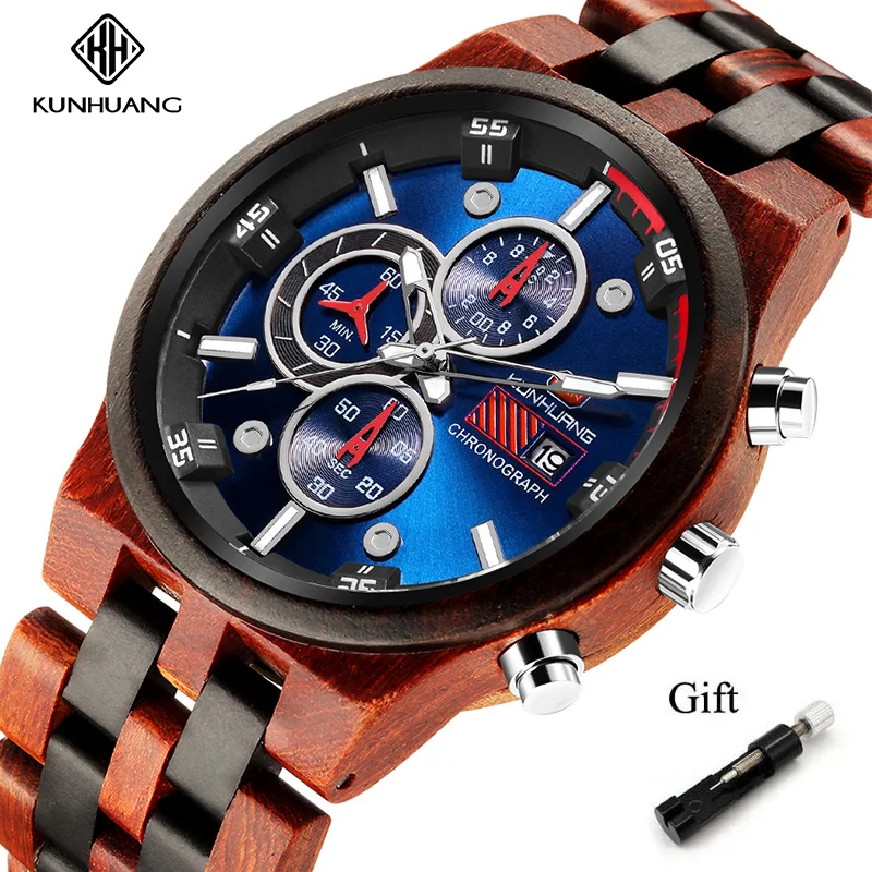 Мужские деревянные часы KUNHUANG роскошные повседневные кварцевые ручной работы с