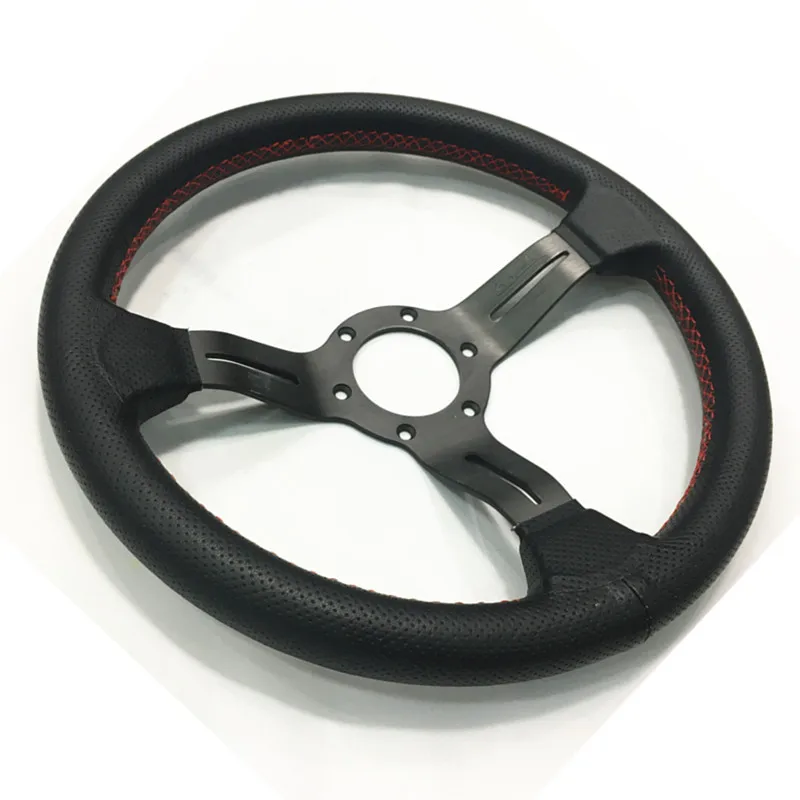 

ND Leather Steering Wheel 330mm black Steering-Wheel Black Aluminum Spoke Red Stitching 13 inch