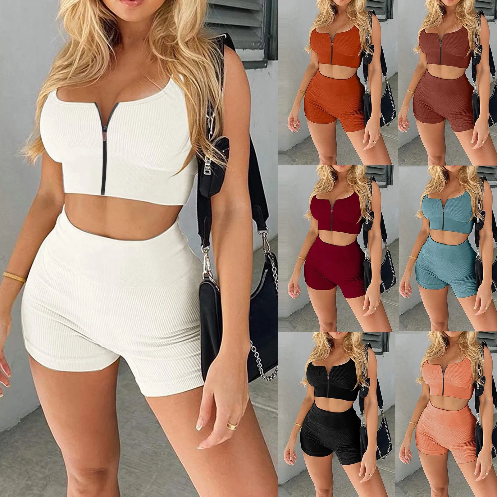 

2pcs/lot Women Shorts Outfits Two Piece Set New Sleeveless Zipped Tank Tops + Shorts Matching Set Solid Skinny Tracksuit Outfits