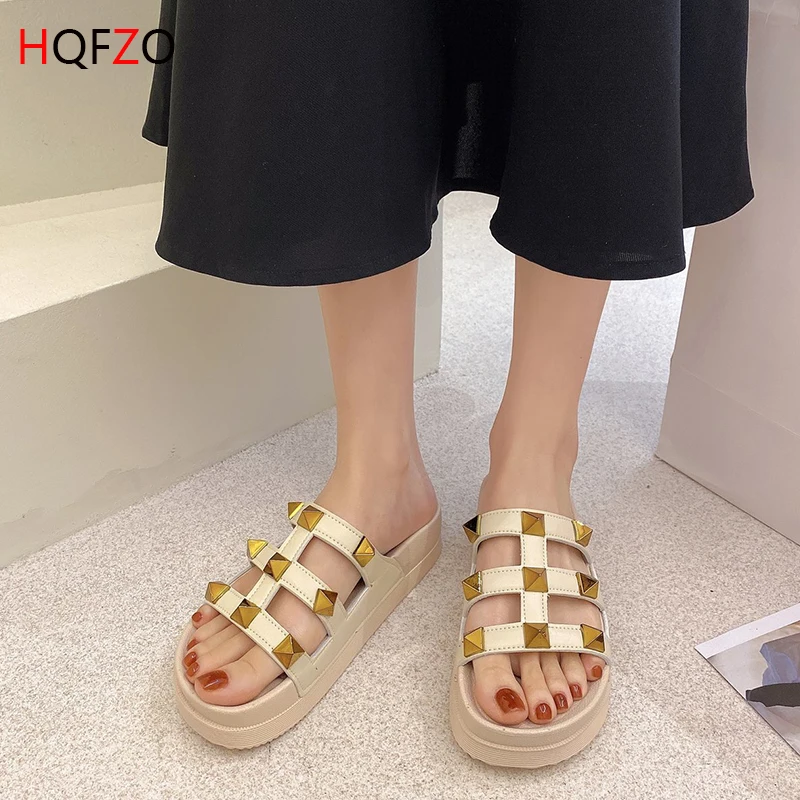 

HQFZO New Women Slides Thick Bottom Summer Slippers Flat Heels Narrow Band Rivet Solid Terlik Outdoor Beach Casual Flip Flops