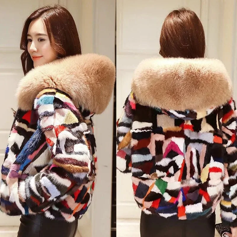 Натуральное меховое пальто 2020 короткое с норковым мехом + лисьим меховым