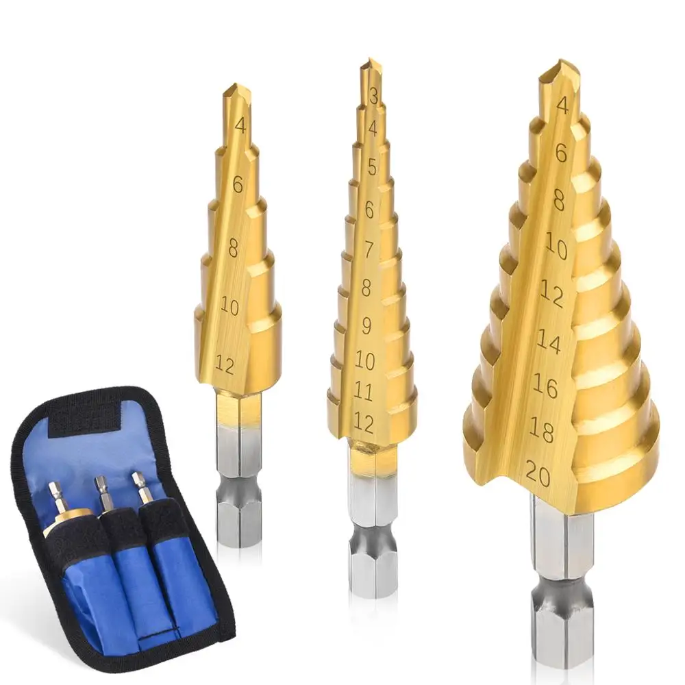

3Pcs/set 3-12mm 4-12mm 4-20mm HSS Straight Groove Step Drill Bit Titanium Coated Wood Metal Hole Cutter Core Drilling Tools Set
