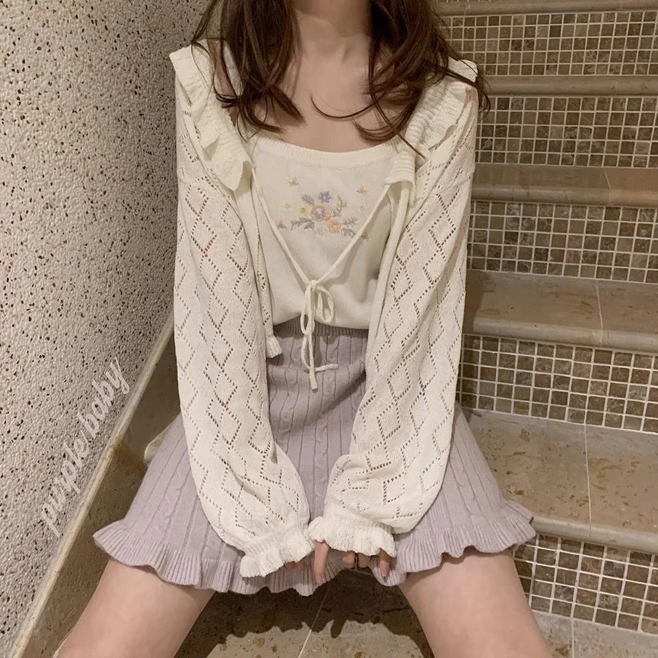 

Summer retro girl hollow out bandage TT shirt long sleeve knitted small Cardigan Jacket Women's sunscreen thin shawl top