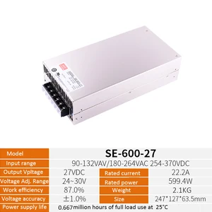 Mean Well SE-600-27 110/220V AC TO DC 27V 22.2A 599.4W Single Output Switching Power Supply Meanwell Driver