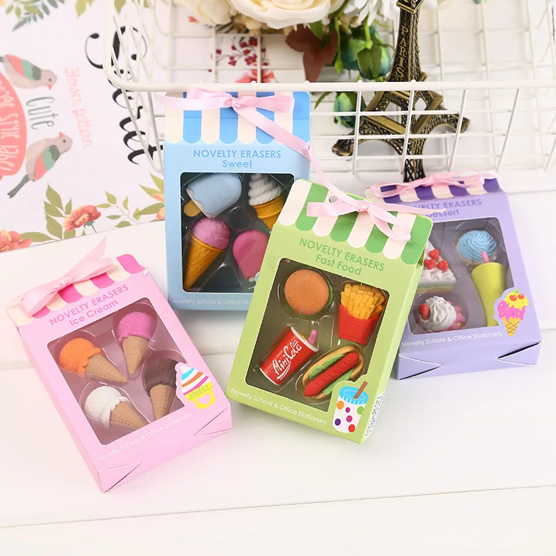 

4pcs/set Cute Food Shape Eraser Ice Cream Drink Coke Eraser Set Kawaii Stationery Kids Gifts Creative School Office Supplies