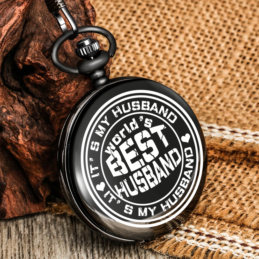 

World's Best Husband Pattern Pocket Watch Black Personalized Text Printed Pendant Watches Gift Present for Husband/Man