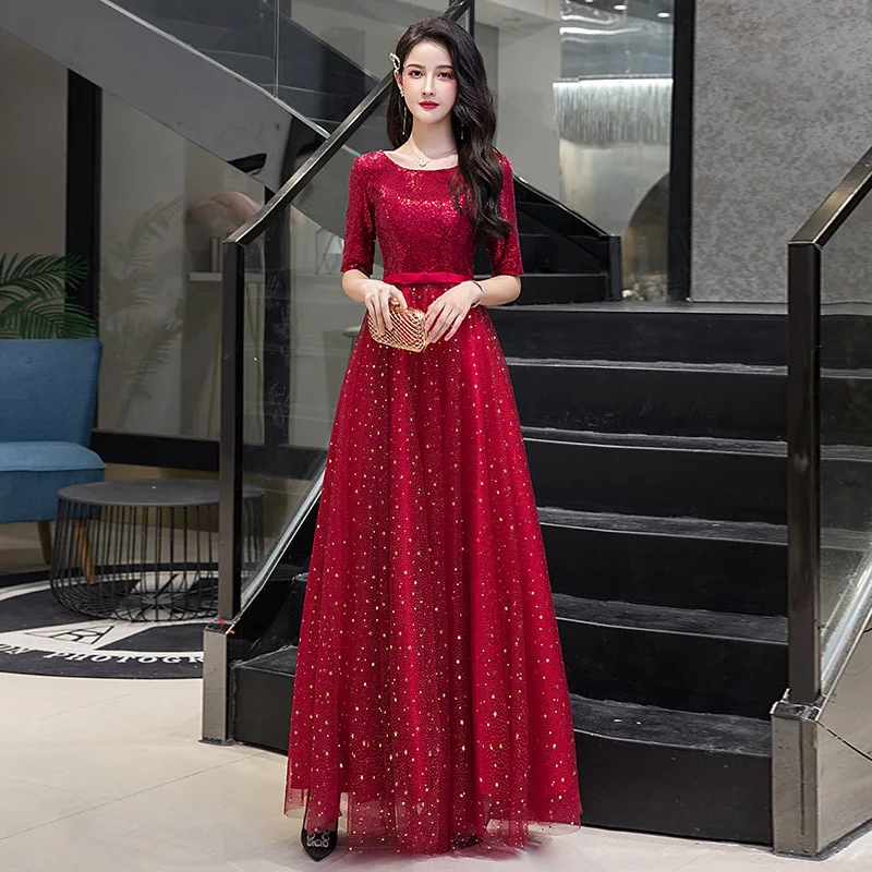 

Burgundy Floor Length Cheongsam Garment Sleeves O-Neck Qipao Sequins Charming Pleated Maxi Dress Gown Bowknot Sashes Vestidos