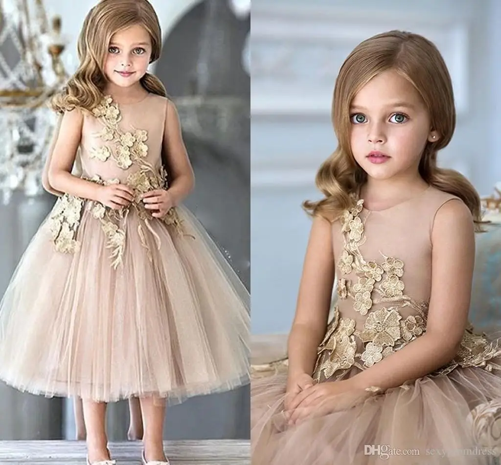 

Flower Girls Dresses For Weddings Champagne Tulle Appliques Tea Length A Line Girls Pageant Gowns Zipper Back Customized Kids Pa