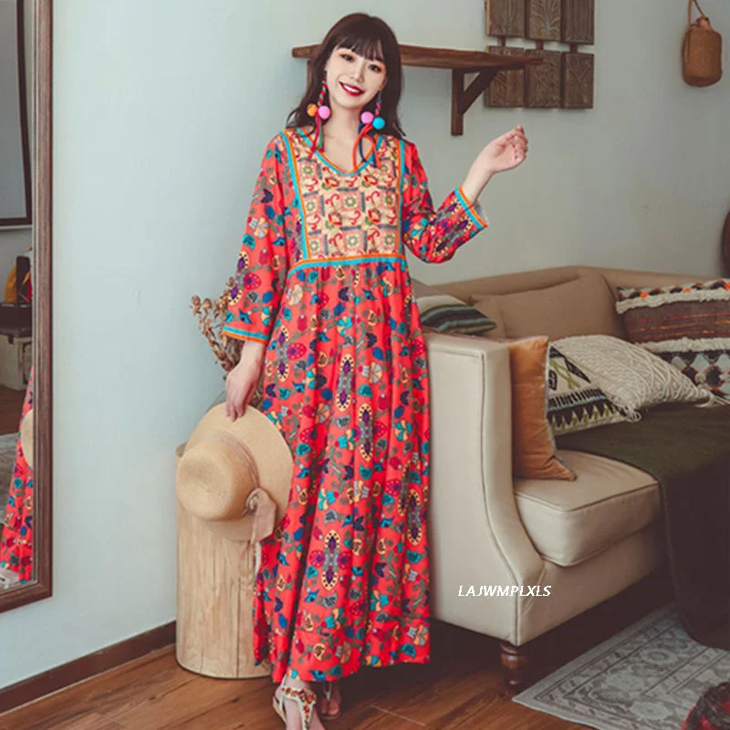 

Женское платье с длинным рукавом, повседневное Свободное длинное платье с широкой юбкой, V-образным вырезом и принтом в богемном стиле, Нови...