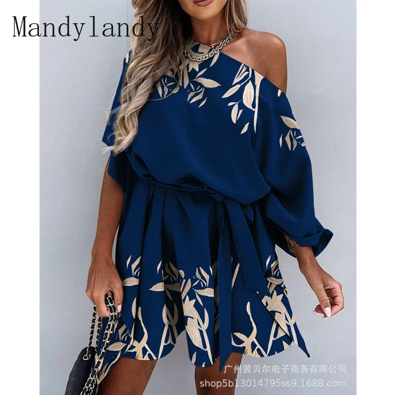

Mandylandy Women's Elegant Leaf Print Loose Dress Lady Casual Fashion Short Sleeve One Shoulder Lace Up Mini Dress