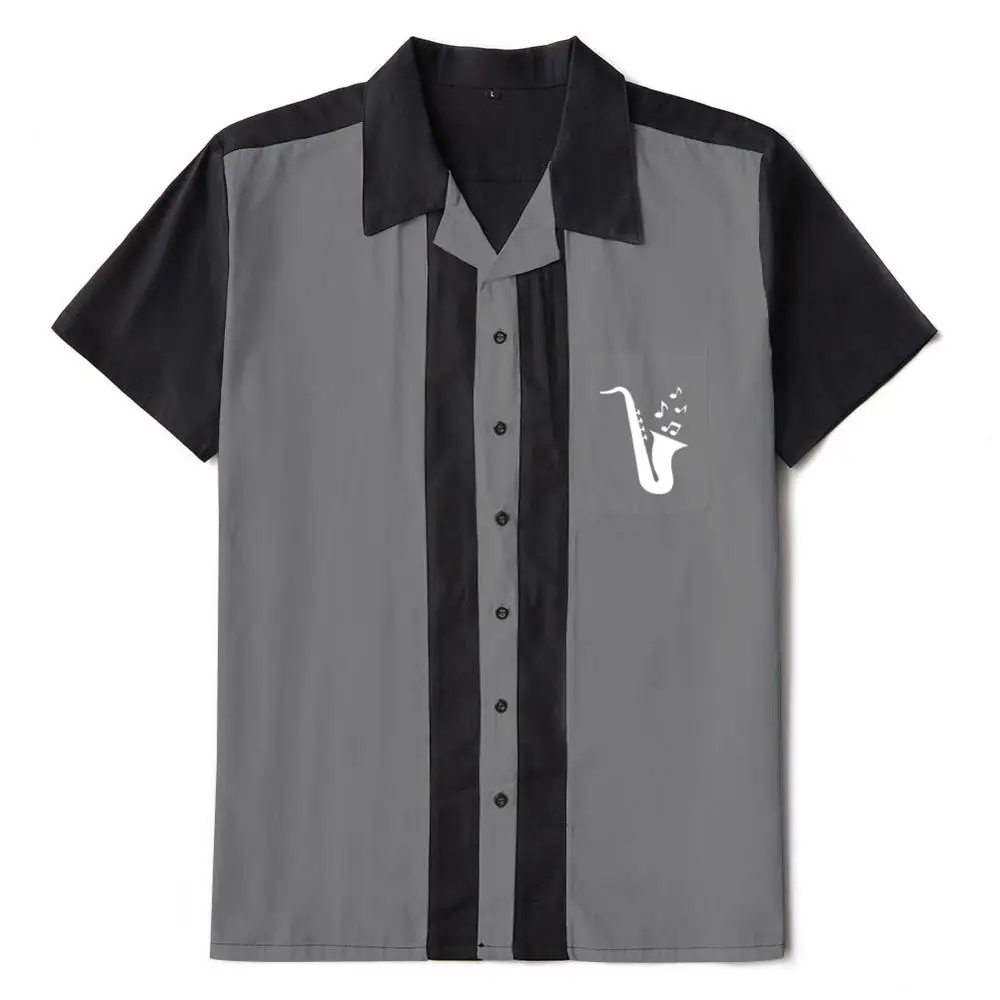 

2021 Men's 50s Male Clothing Cotton Men Shirts Slim Fit Short Sleeve Vintage Fifties Bowling Casual Button-Down Black Shirts