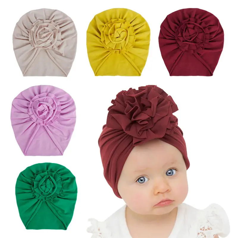 

2021 Spring Baby Hat Solid Color Soft Newborn Turban Princess Flower Stretchy Baby Hat Spring Knitted Newborn Bonnet Cap