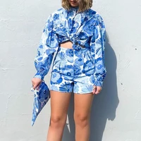 xeasy 2021 bohemia loose blue floral print summer shirt women vintage long sleeve casual high waist pants shorts set