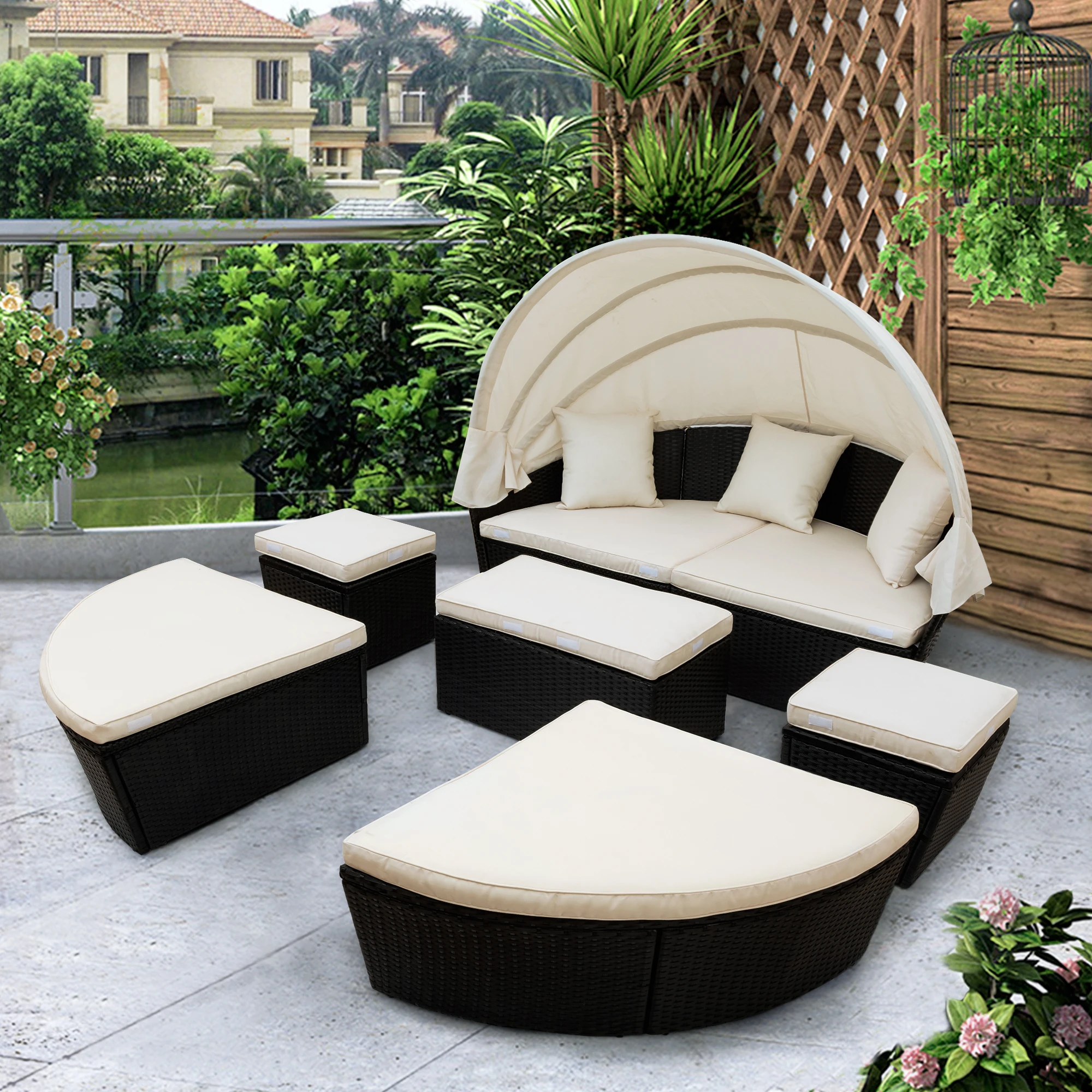 

Rattan Outdoor Furniture Sunbed Patio Furniture With Retractable Canopy Garden Sofa Set Wicker Backyard Home Furniture