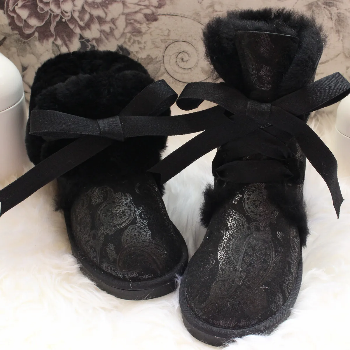 black Pteris G& Zaco/женские шерстяные ботинки; зимние ботинки из натуральной овечьей кожи; черные кожаные зимние ботинки на шнуровке; Водонепроницаемая Женская Теплая обувь на плоской подошве - Цвет: black Pteris
