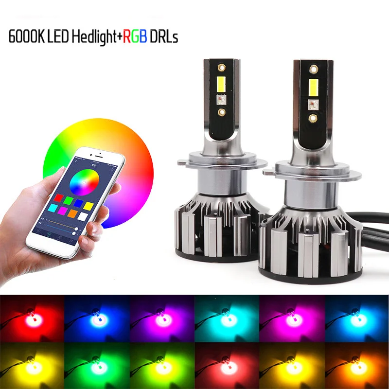 Новые светодиодные лампы H7, RGB, управление через приложение по Bluetooth, многоцветсветодиодный лампы H1 H4 H8 H9 H11 9005 9006