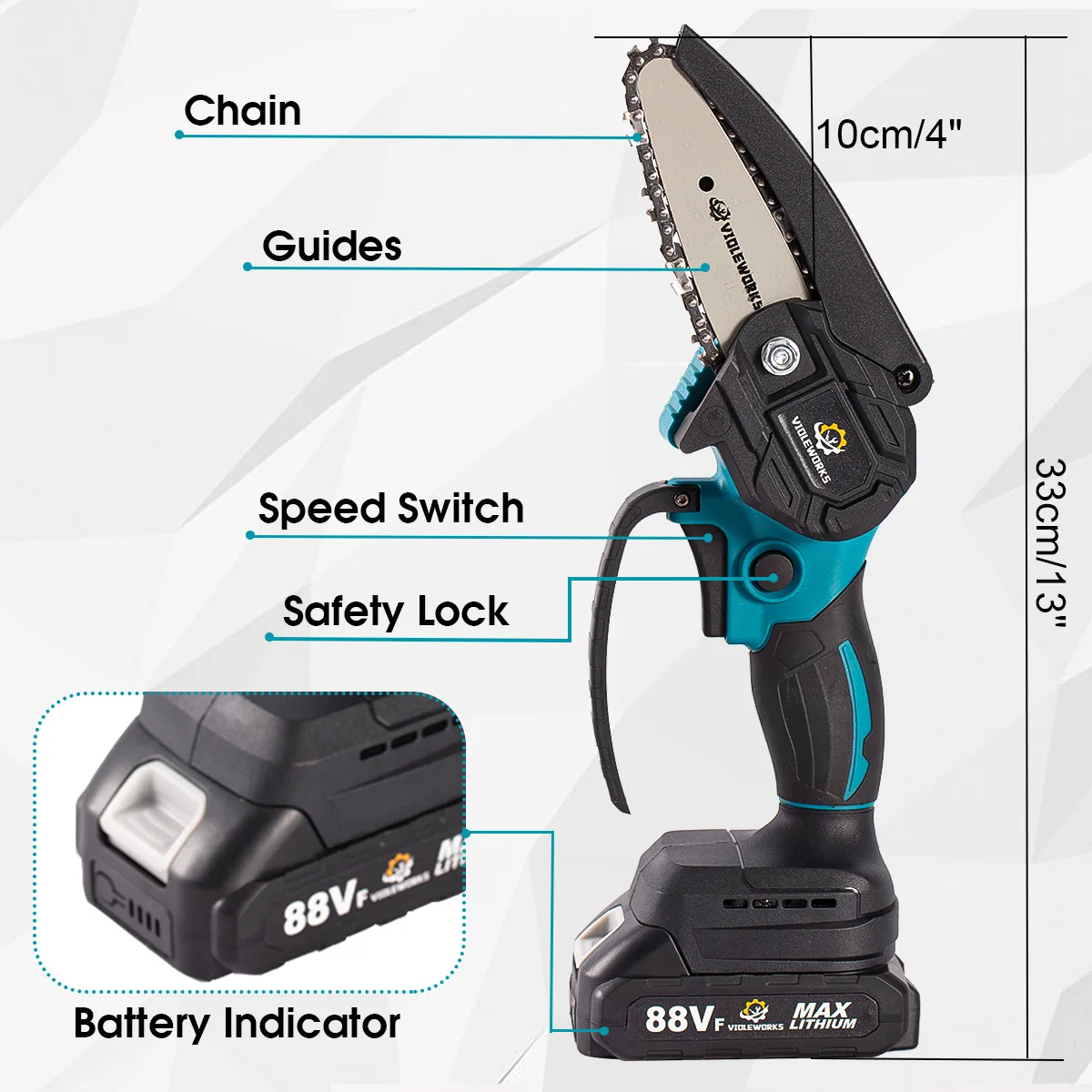 Minisierra de cadena eléctrica de 4 pulgadas, herramienta de carpintería recargable con indicador de batería, 88V, 1200W, para batería Makita de 18V, enchufe europeo