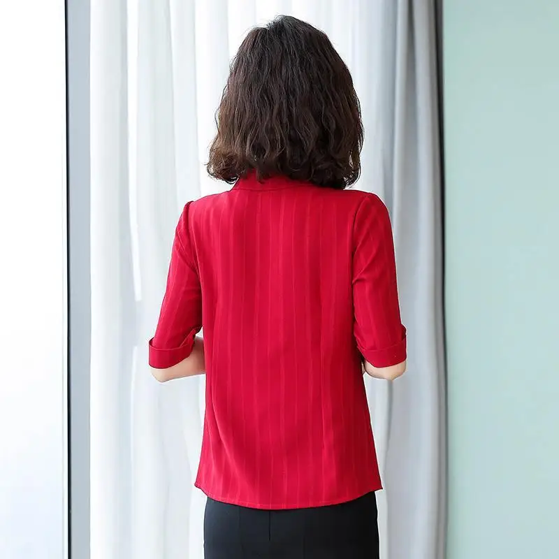 Women Spring Autumn Style Chiffon Blouses Shirt Casual Half Sleeve Turn-down Collar Striped Women's Loose Tops DF3555 |