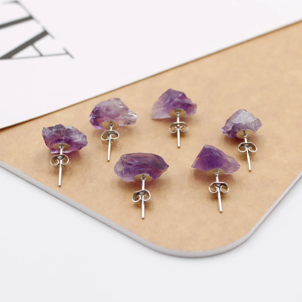 

1 Pair Fashion Natural Amethyst Earrings Quartz Crystal Stones Studs Healing Repair Cure Trend Raw Purple Reiki Irregular Gems