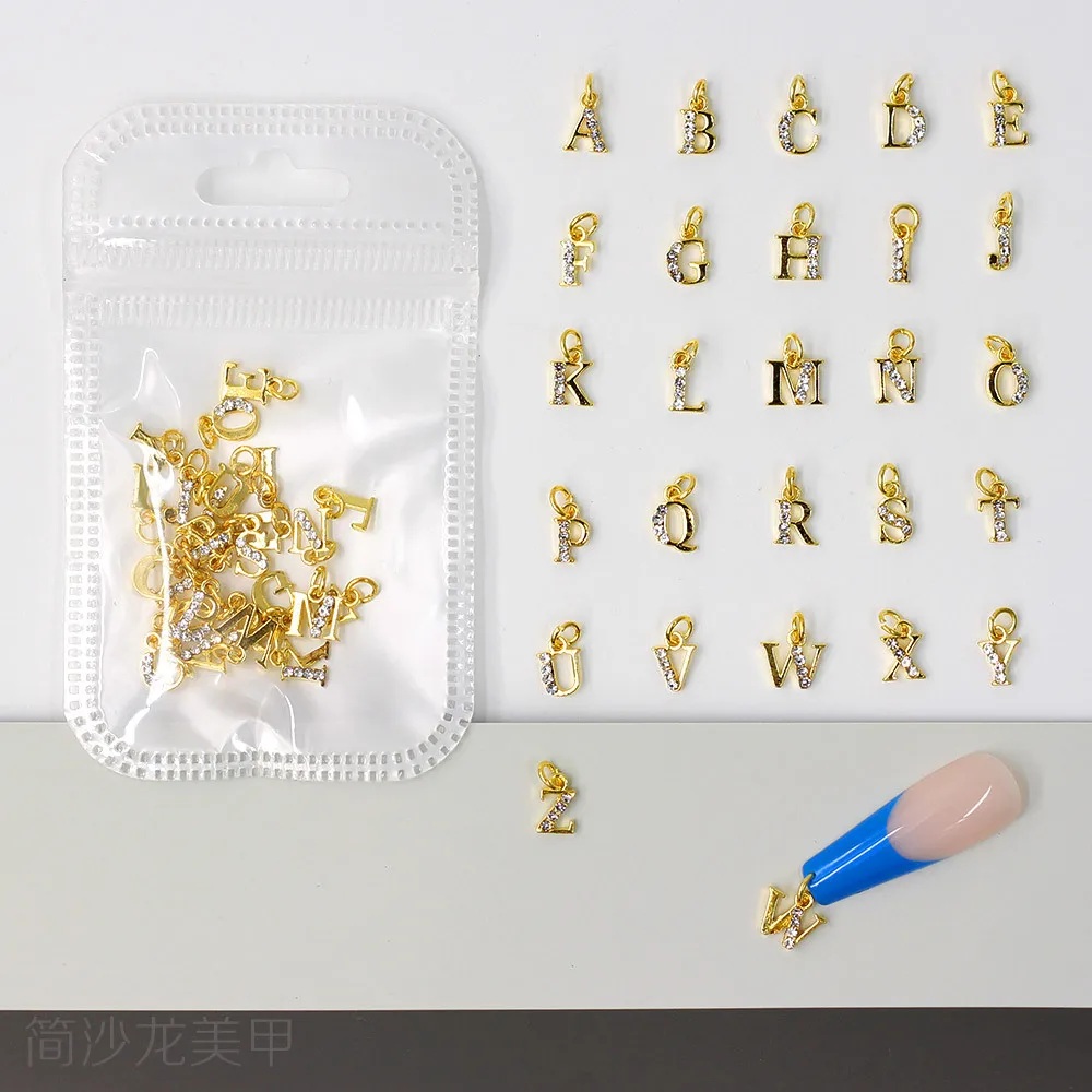 

26pcs-Letter-English-Alloy Hang Manicure Charms Decorations;10pcs-Arabic-Numerals-Diamond Nail Rhiestones Jewelry##JE
