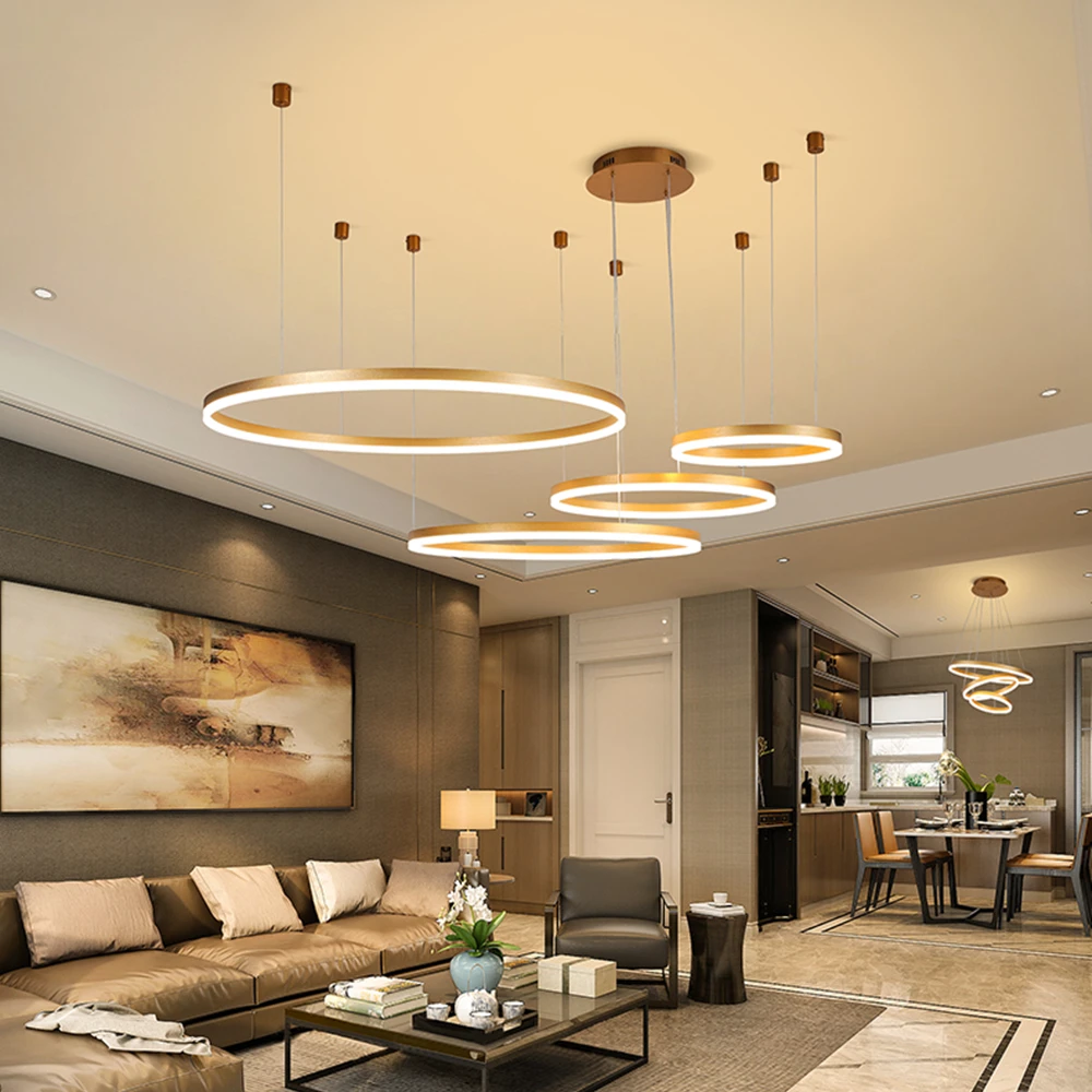 

Modern Pendant Lights For Gold/Black/Coffee Living Room Dining Room Circle Rings Acrylic Aluminum Body LED Ceiling Lamp Fixtures