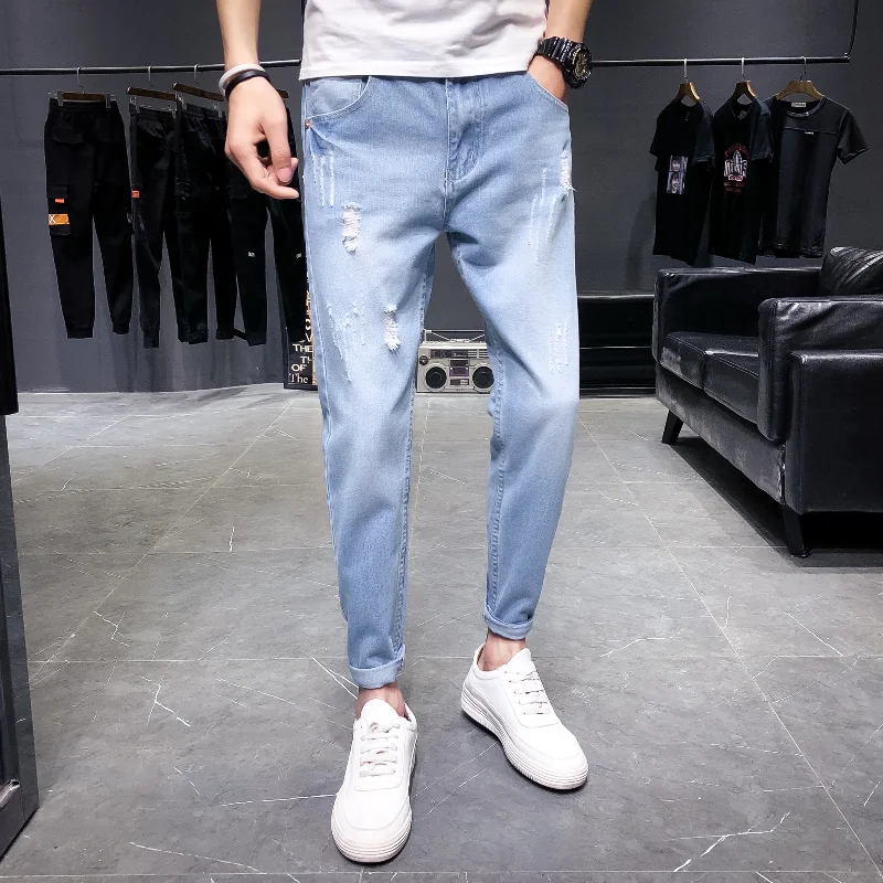 

Autumn small feet jeans men's Korean style slim trendy pants 2021 youth all-match fashion jeans/ men distressed denim jeans
