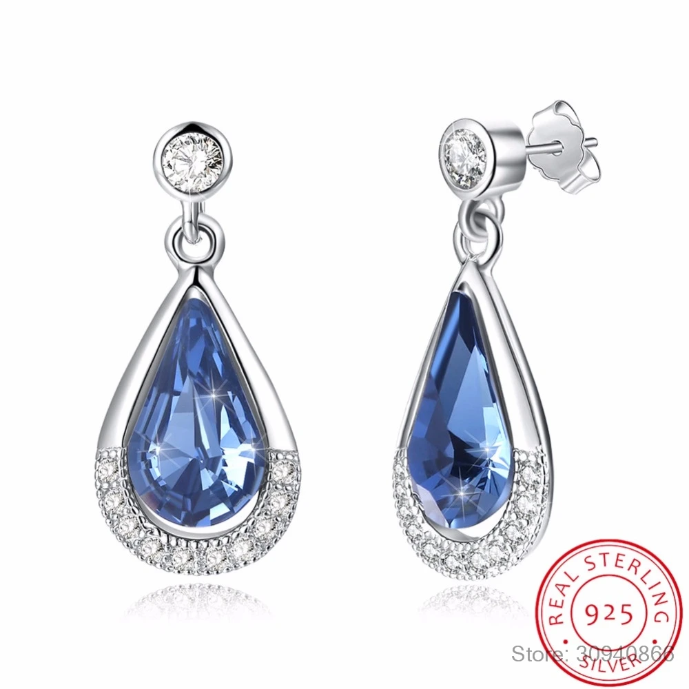 

LEKANI Crystal Fine Jewelry Real S925 Silver Water Drop Earrings For Women Wedding Party Fashion Piercing Joyas